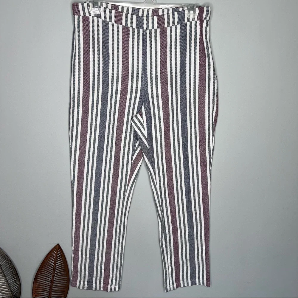 A24‎ Free People Striped Linen Pants Pull On Side Zip Ankle